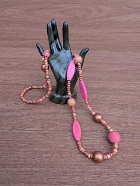 Pink Wood Beaded Long Necklace Boho Y2K Earthy Statement Jewelry